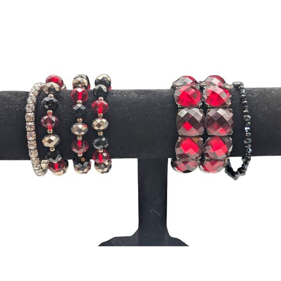 Lot of Six Red Black Metallic Rhinestone Beaded Stretch Bracelets - Picture 1 of 4